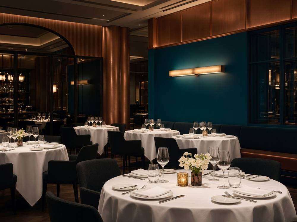Elegáns hotelétterem terített asztalokkal